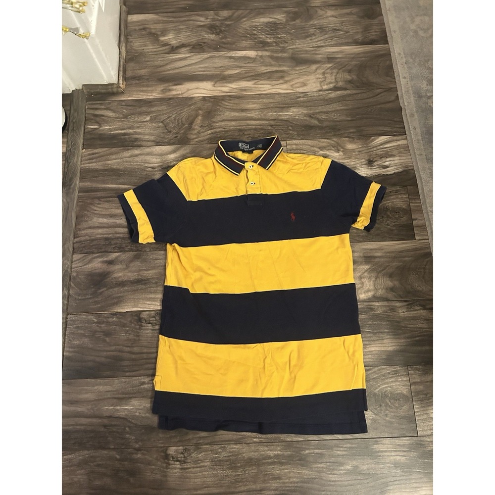 VTG Polo Ralph Lauren Blue Tag Mens Blue & Yellow‎ Striped Polo Shirt Large 587